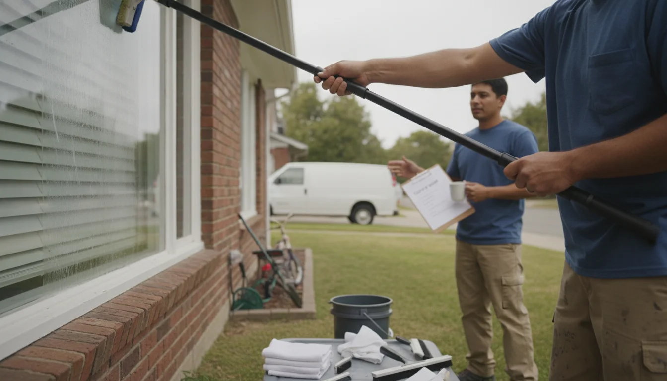 Professional window cleaning service in Spartanburg with clear scope, tidy tools, and dependable pros